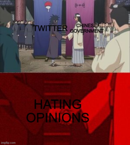 I hate both | CHINESE GOVERNMENT; TWITTER; HATING OPINIONS | image tagged in hand shake | made w/ Imgflip meme maker