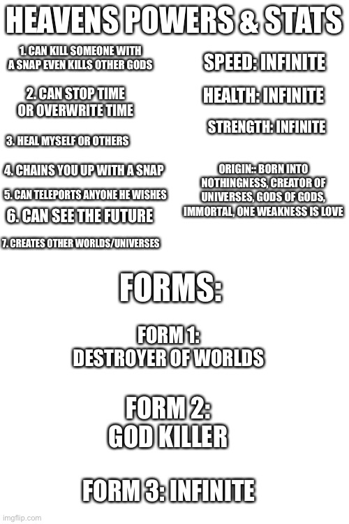 Heavens Powers & Stats & Forms | HEAVENS POWERS & STATS; 1. CAN KILL SOMEONE WITH A SNAP EVEN KILLS OTHER GODS; SPEED: INFINITE; HEALTH: INFINITE; 2. CAN STOP TIME OR OVERWRITE TIME; STRENGTH: INFINITE; 3. HEAL MYSELF OR OTHERS; ORIGIN:: BORN INTO NOTHINGNESS, CREATOR OF UNIVERSES, GODS OF GODS, IMMORTAL, ONE WEAKNESS IS LOVE; 4. CHAINS YOU UP WITH A SNAP; 5. CAN TELEPORTS ANYONE HE WISHES; 6. CAN SEE THE FUTURE; FORMS:; 7. CREATES OTHER WORLDS/UNIVERSES; FORM 1: DESTROYER OF WORLDS; FORM 2: GOD KILLER; FORM 3: INFINITE | image tagged in blank white template | made w/ Imgflip meme maker