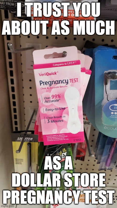 trust | I TRUST YOU ABOUT AS MUCH; AS A DOLLAR STORE PREGNANCY TEST | image tagged in trust issues | made w/ Imgflip meme maker