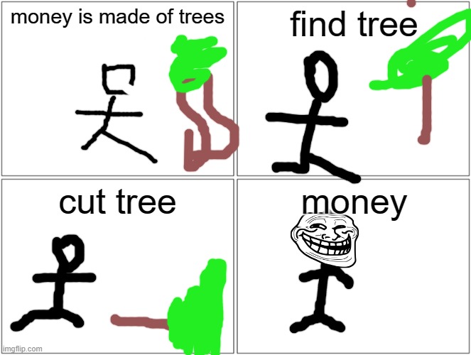 m on ey | money is made of trees; find tree; cut tree; money | image tagged in memes,blank comic panel 2x2 | made w/ Imgflip meme maker