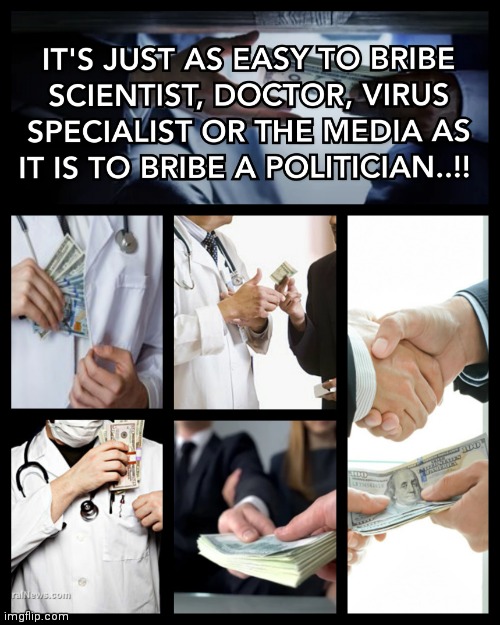 IT'S JUST AS EASY TO BRIBE SCIENTIST, DOCTOR, VIRUS SPECIALIST OR THE MEDIA AS IT IS TO BRIBE A POLITICIAN..!! | image tagged in bribe,politicians,scientist,doctor,virus specialist,memes | made w/ Imgflip meme maker