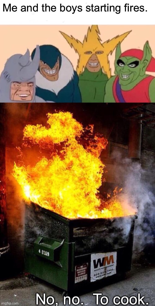 True | Me and the boys starting fires. No, no.  To cook. | image tagged in memes,me and the boys,dumpster fire | made w/ Imgflip meme maker
