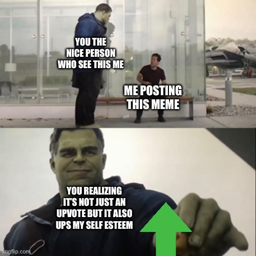 For my self esteem | YOU THE NICE PERSON WHO SEE THIS ME; ME POSTING THIS MEME; YOU REALIZING IT’S NOT JUST AN UPVOTE BUT IT ALSO UPS MY SELF ESTEEM | image tagged in hulk taco,upvote begging | made w/ Imgflip meme maker