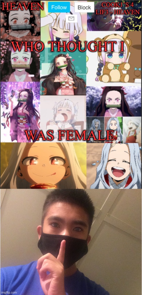 Lmao Logan You thought | WHO THOUGHT I; WAS FEMALE | image tagged in heavens temp adorable | made w/ Imgflip meme maker