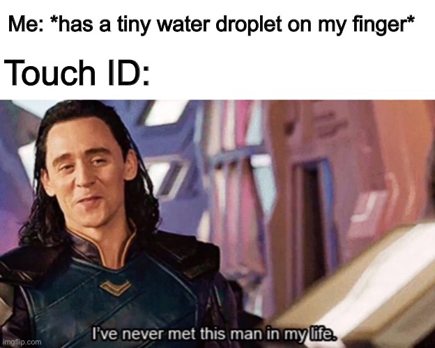  Me: *has a tiny water droplet on my finger*; Touch ID: | image tagged in blank white template,i ve never met this man in my life,memes,funny,not really a gif,apple,memes | made w/ Imgflip meme maker