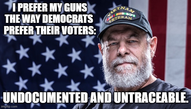 2A | I PREFER MY GUNS 
THE WAY DEMOCRATS 
PREFER THEIR VOTERS:; UNDOCUMENTED AND UNTRACEABLE. | image tagged in american,veteran | made w/ Imgflip meme maker
