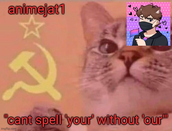 i've seen others do this, so i thought i would make one of these myself. an annoucement template, for me (yay) | animejat1; "cant spell 'your' without 'our'" | image tagged in communist cat,announcement,template | made w/ Imgflip meme maker