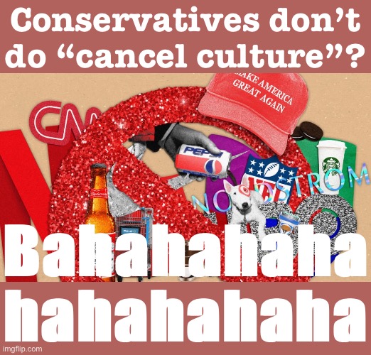 [Below you will find a VERY outdated/incomplete illustration of things you must not buy if you’re a true MAGA diehard] | Conservatives don’t do “cancel culture”? Bahahahaha hahahahaha | image tagged in conservative hypocrisy,boycott,nike boycott,nfl boycott,cancel culture,maga | made w/ Imgflip meme maker