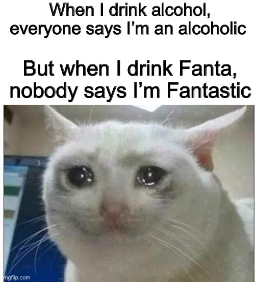 When I drink alcohol, everyone says I’m an alcoholic; But when I drink Fanta, nobody says I’m Fantastic | image tagged in crying cat | made w/ Imgflip meme maker