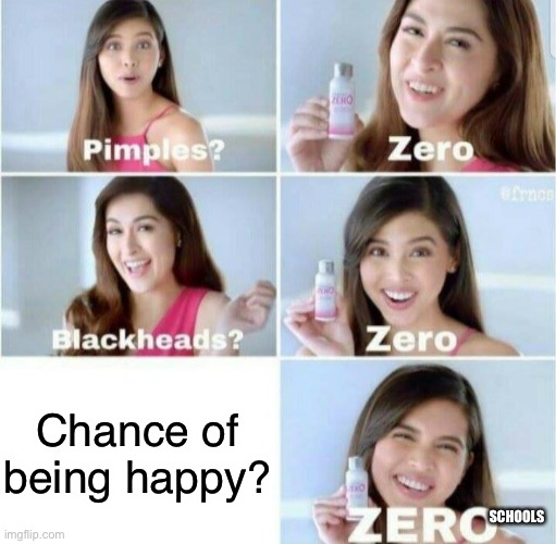 Pimples, Zero! | Chance of being happy? SCHOOLS | image tagged in pimples zero | made w/ Imgflip meme maker