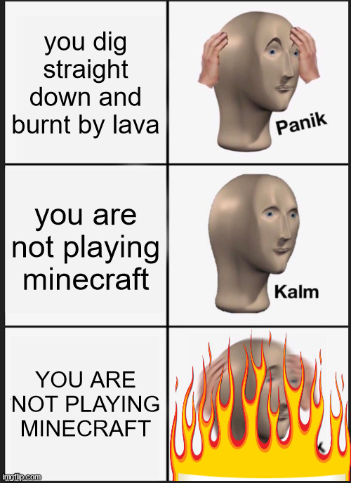 you dig straight down and burnt by lava | you dig straight down and burnt by lava; you are not playing minecraft; YOU ARE NOT PLAYING MINECRAFT | image tagged in memes,panik kalm panik | made w/ Imgflip meme maker