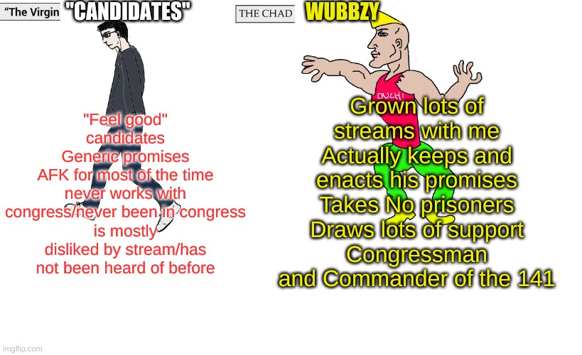 Go vote Vubbzy on the 29th! | "CANDIDATES"; WUBBZY; Grown lots of streams with me
Actually keeps and enacts his promises
Takes No prisoners
Draws lots of support
Congressman and Commander of the 141; "Feel good" candidates
Generic promises
AFK for most of the time
never works with congress/never been in congress
is mostly disliked by stream/has not been heard of before | image tagged in virgin and chad | made w/ Imgflip meme maker