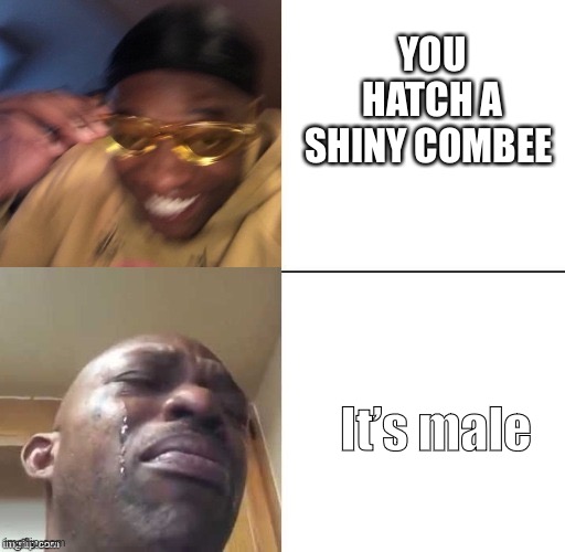 wearing sunglasses crying | YOU HATCH A SHINY COMBEE; It’s male | image tagged in wearing sunglasses crying | made w/ Imgflip meme maker
