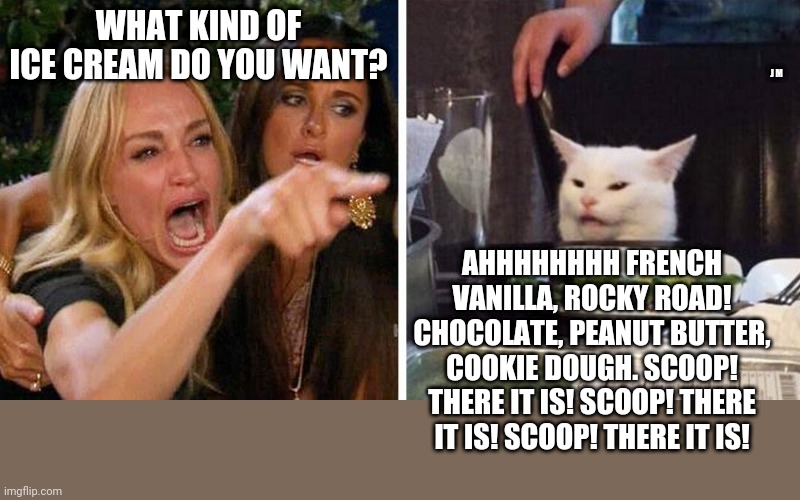 Smudge the cat | WHAT KIND OF ICE CREAM DO YOU WANT? J M; AHHHHHHHH FRENCH VANILLA, ROCKY ROAD! CHOCOLATE, PEANUT BUTTER, COOKIE DOUGH. SCOOP! THERE IT IS! SCOOP! THERE IT IS! SCOOP! THERE IT IS! | image tagged in smudge the cat | made w/ Imgflip meme maker
