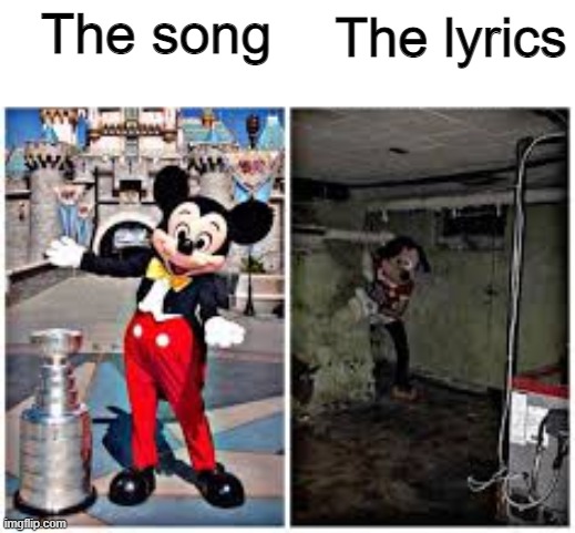 This is an image title | The lyrics; The song | image tagged in mickey mouse in disneyland | made w/ Imgflip meme maker