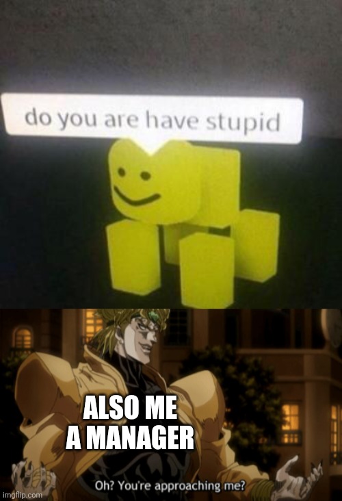 ALSO ME A MANAGER | image tagged in do you have stupid,oh you're approaching me | made w/ Imgflip meme maker