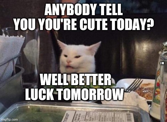 Salad cat | ANYBODY TELL YOU YOU'RE CUTE TODAY? WELL BETTER LUCK TOMORROW; J M | image tagged in salad cat | made w/ Imgflip meme maker