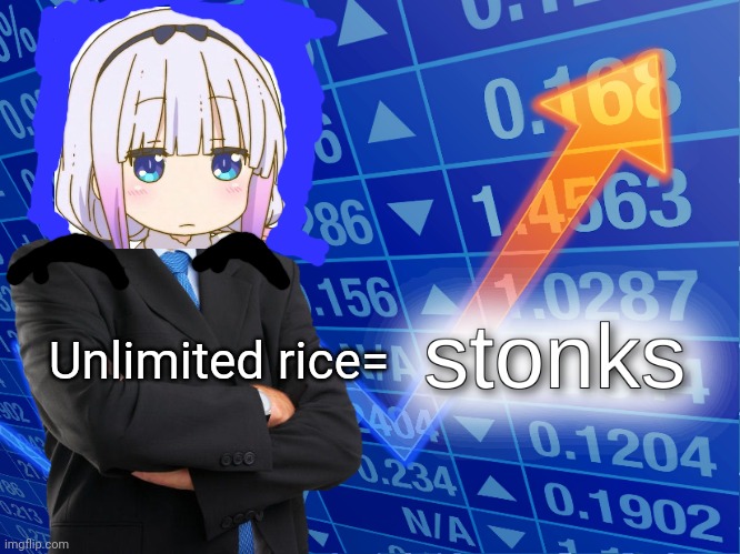 Anime stonks | Unlimited rice= | image tagged in stonks,anime girl,kanna,needs food | made w/ Imgflip meme maker