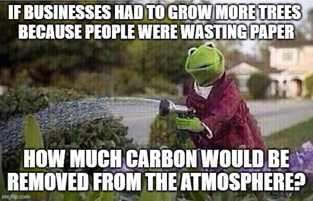Putting paper products in the landfill is the opposite of taking oil out of the ground | IF BUSINESSES HAD TO GROW MORE TREES 
BECAUSE PEOPLE WERE WASTING PAPER; HOW MUCH CARBON WOULD BE REMOVED FROM THE ATMOSPHERE? | image tagged in kermit,paper,climate,co2,recycle,science | made w/ Imgflip meme maker