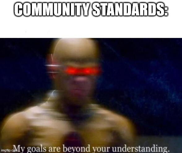 My Goals are Beyond your Understanding | COMMUNITY STANDARDS: | image tagged in my goals are beyond your understanding | made w/ Imgflip meme maker
