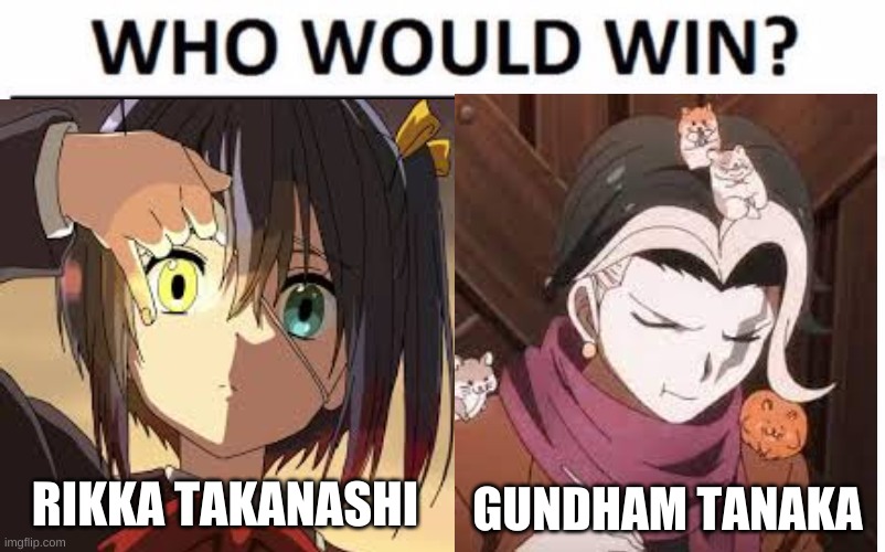 the ultimate chuunibyou battle | RIKKA TAKANASHI; GUNDHAM TANAKA | image tagged in chuunibyou,anime,who would win | made w/ Imgflip meme maker