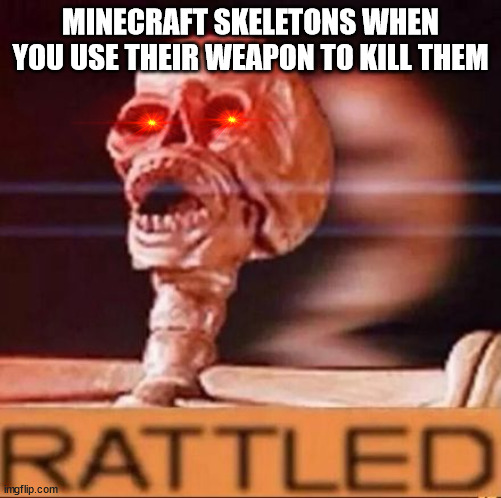 RATTLE ME BONES |  MINECRAFT SKELETONS WHEN YOU USE THEIR WEAPON TO KILL THEM | image tagged in rattled | made w/ Imgflip meme maker
