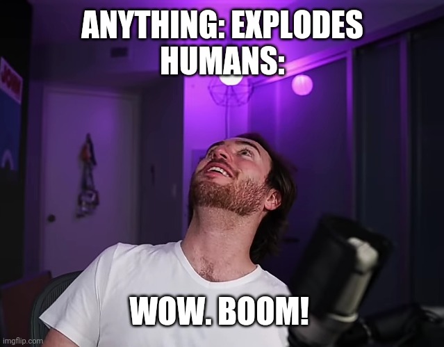 Hunter wow boom | ANYTHING: EXPLODES
HUMANS:; WOW. BOOM! | image tagged in hunter wow boom | made w/ Imgflip meme maker