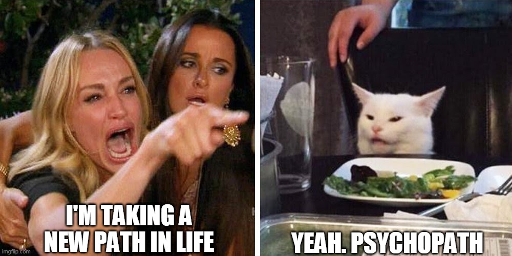Smudge the cat | I'M TAKING A NEW PATH IN LIFE; YEAH. PSYCHOPATH | image tagged in smudge the cat | made w/ Imgflip meme maker