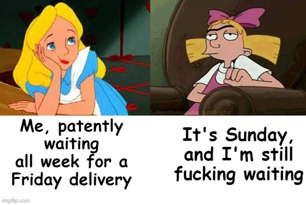 Still waiting | Me, patently waiting all week for a Friday delivery; It's Sunday, and I'm still fucking waiting | image tagged in me patently waiting | made w/ Imgflip meme maker