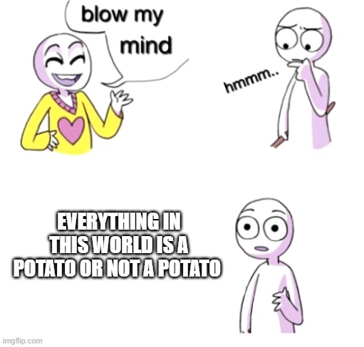 :) | EVERYTHING IN THIS WORLD IS A POTATO OR NOT A POTATO | image tagged in blow my mind | made w/ Imgflip meme maker