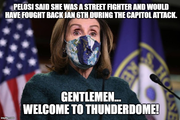 PELOSI SAID SHE WAS A STREET FIGHTER AND WOULD HAVE FOUGHT BACK JAN 6TH DURING THE CAPITOL ATTACK. GENTLEMEN... WELCOME TO THUNDERDOME! | made w/ Imgflip meme maker