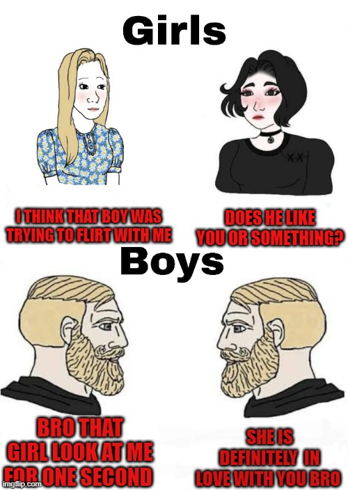 Girls vs Boys | I THINK THAT BOY WAS TRYING TO FLIRT WITH ME; DOES HE LIKE YOU OR SOMETHING? SHE IS DEFINITELY  IN LOVE WITH YOU BRO; BRO THAT GIRL LOOK AT ME FOR ONE SECOND | image tagged in girls vs boys | made w/ Imgflip meme maker