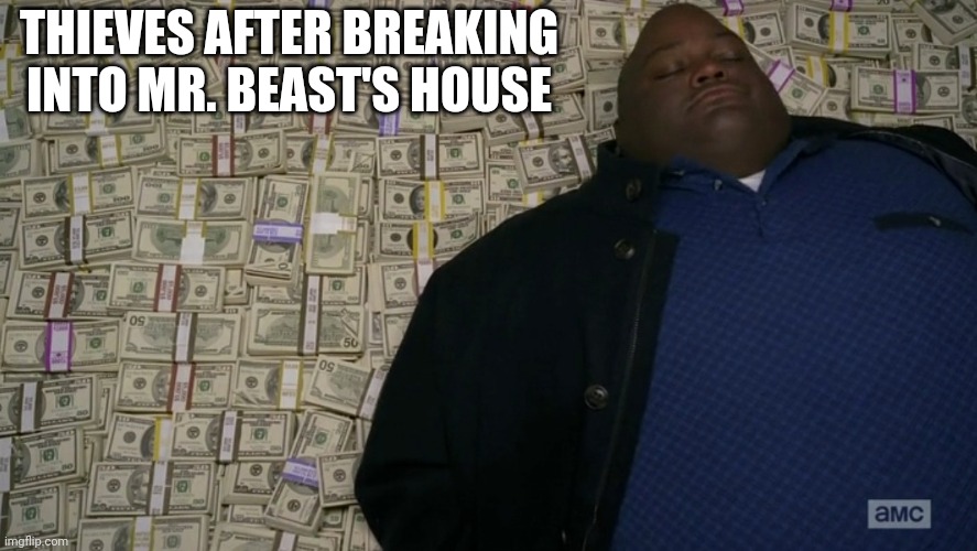 Gonn break in there | THIEVES AFTER BREAKING INTO MR. BEAST'S HOUSE | image tagged in guy sleeping on pile of money | made w/ Imgflip meme maker