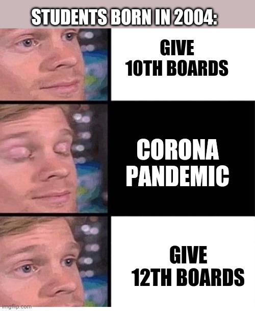 Life of 2004 Students | STUDENTS BORN IN 2004:; GIVE 10TH BOARDS; CORONA PANDEMIC; GIVE 12TH BOARDS | image tagged in blinking guy vertical blank | made w/ Imgflip meme maker