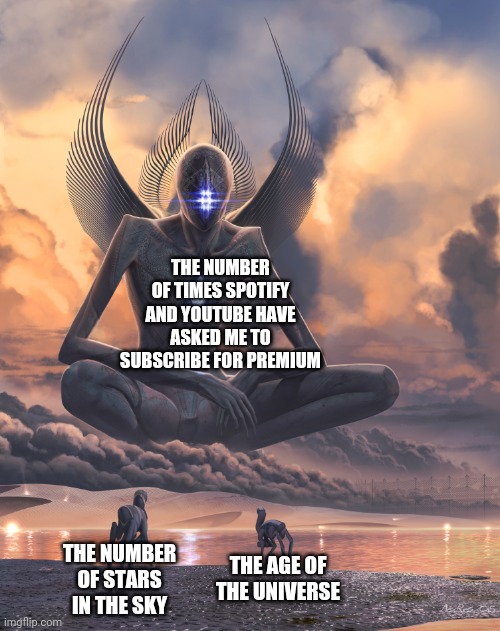 Spotify and YouTube should stop it | THE NUMBER OF TIMES SPOTIFY AND YOUTUBE HAVE ASKED ME TO SUBSCRIBE FOR PREMIUM; THE NUMBER OF STARS IN THE SKY; THE AGE OF THE UNIVERSE | image tagged in staring at sky god | made w/ Imgflip meme maker