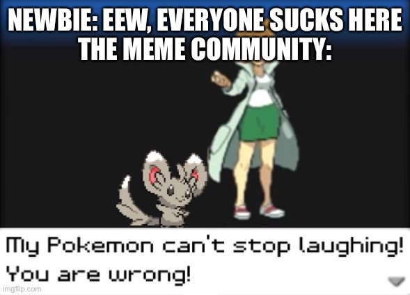 God bless IMGFLIP | NEWBIE: EEW, EVERYONE SUCKS HERE
THE MEME COMMUNITY: | image tagged in my pokemon can't stop laughing you are wrong dark mode | made w/ Imgflip meme maker