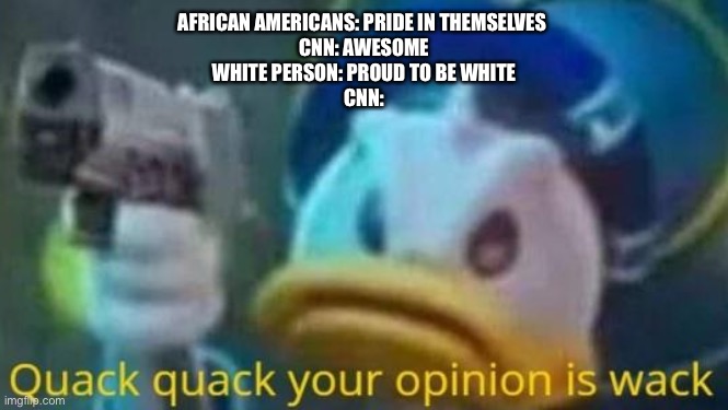 The truth, I guess | AFRICAN AMERICANS: PRIDE IN THEMSELVES 
CNN: AWESOME
WHITE PERSON: PROUD TO BE WHITE
CNN: | image tagged in quack quack your opinion is wack | made w/ Imgflip meme maker