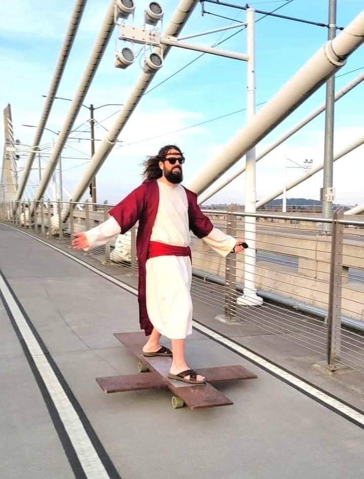 JESUS SKATES ON A CROSS SKATEBOARD Blank Meme Template