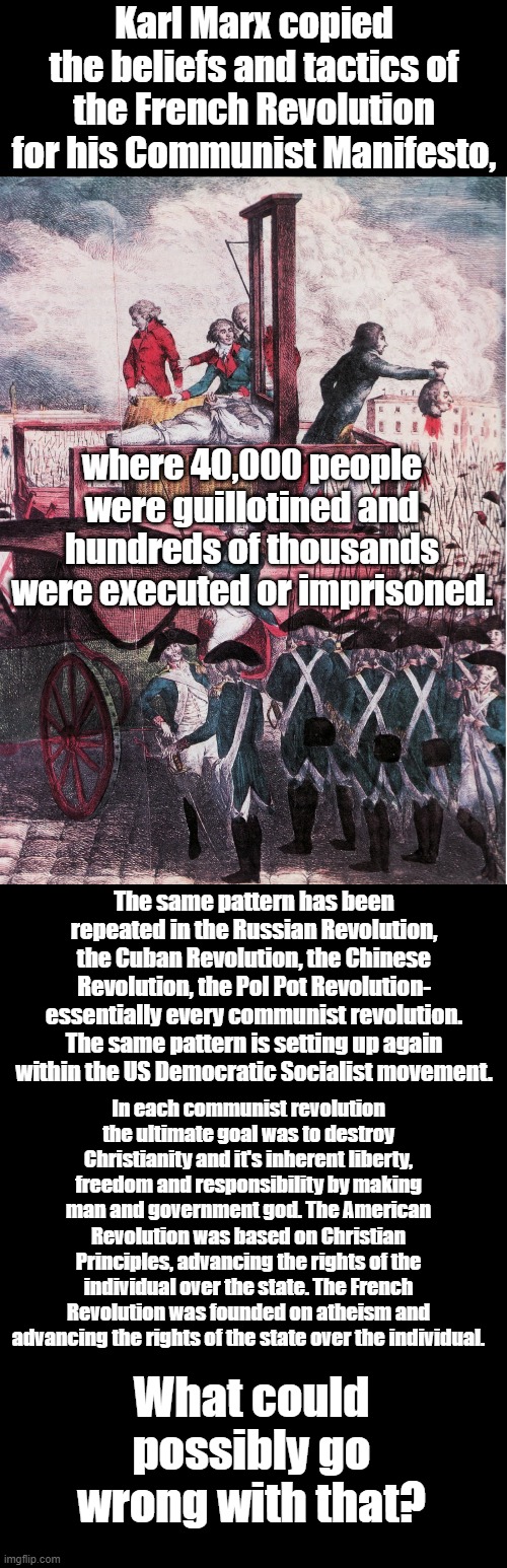 From one domestic terrorist to another,  Those who cannot remember the past are condemned to repeat it. | Karl Marx copied the beliefs and tactics of the French Revolution for his Communist Manifesto, where 40,000 people were guillotined and hundreds of thousands were executed or imprisoned. The same pattern has been repeated in the Russian Revolution, the Cuban Revolution, the Chinese Revolution, the Pol Pot Revolution- essentially every communist revolution. The same pattern is setting up again within the US Democratic Socialist movement. In each communist revolution the ultimate goal was to destroy Christianity and it's inherent liberty, freedom and responsibility by making man and government god. The American Revolution was based on Christian Principles, advancing the rights of the individual over the state. The French Revolution was founded on atheism and advancing the rights of the state over the individual. What could possibly go wrong with that? | image tagged in guillotine - french revolution - income inequality,plain black template | made w/ Imgflip meme maker