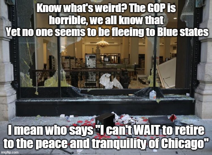 Chicago's MAGNIFICENT Mile | Know what's weird? The GOP is horrible, we all know that
 Yet no one seems to be fleeing to Blue states; I mean who says "I can't WAIT to retire to the peace and tranquility of Chicago" | image tagged in memes | made w/ Imgflip meme maker