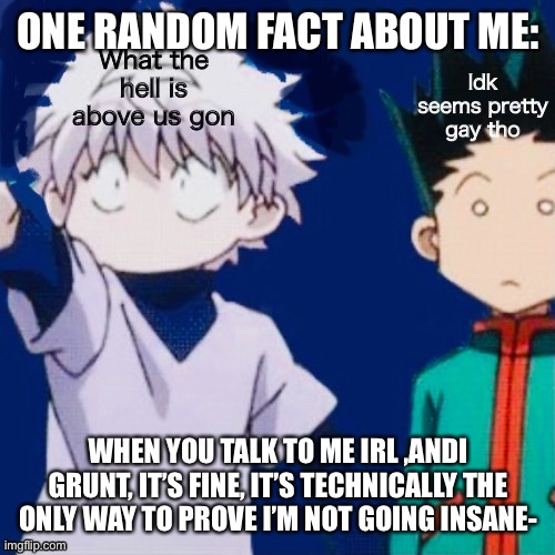 O | ONE RANDOM FACT ABOUT ME:; WHEN YOU TALK TO ME IRL ,ANDI GRUNT, IT’S FINE, IT’S TECHNICALLY THE ONLY WAY TO PROVE I’M NOT GOING INSANE- | image tagged in o | made w/ Imgflip meme maker