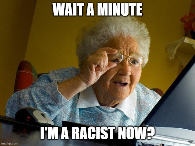 Grandma Finds The Internet Meme | WAIT A MINUTE I'M A RACIST NOW? | image tagged in memes,grandma finds the internet | made w/ Imgflip meme maker