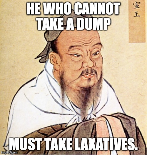 Confucius Says |  HE WHO CANNOT TAKE A DUMP; MUST TAKE LAXATIVES. | image tagged in confucius says,poop,constipation,wise man,laxative | made w/ Imgflip meme maker