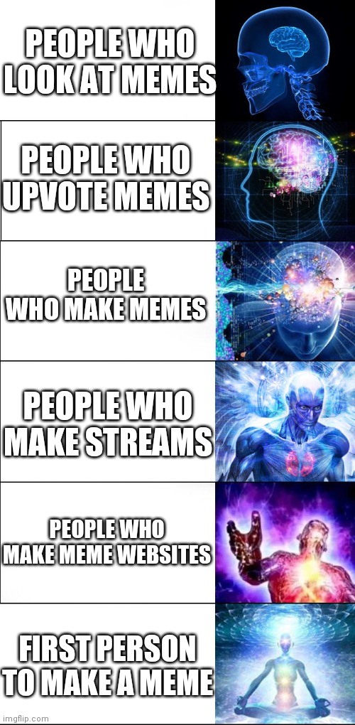 Yote | PEOPLE WHO LOOK AT MEMES; PEOPLE WHO UPVOTE MEMES; PEOPLE WHO MAKE MEMES; PEOPLE WHO MAKE STREAMS; PEOPLE WHO MAKE MEME WEBSITES; FIRST PERSON TO MAKE A MEME | image tagged in expanding brain,who is better,press f to pay respects | made w/ Imgflip meme maker