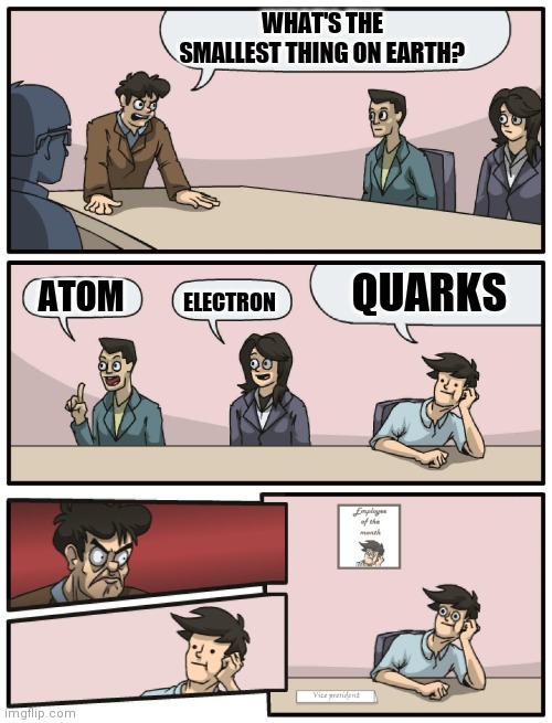 SCIENCE | WHAT'S THE SMALLEST THING ON EARTH? QUARKS; ATOM; ELECTRON | image tagged in boardroom meeting unexpected ending | made w/ Imgflip meme maker