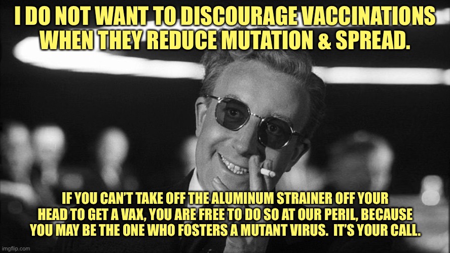 Doctor Strangelove says... | I DO NOT WANT TO DISCOURAGE VACCINATIONS WHEN THEY REDUCE MUTATION & SPREAD. IF YOU CAN’T TAKE OFF THE ALUMINUM STRAINER OFF YOUR HEAD TO GE | image tagged in doctor strangelove says | made w/ Imgflip meme maker