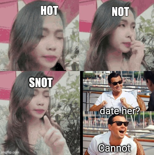Pick the lady | SNOT; date her? Cannot | image tagged in memes,leonardo dicaprio wolf of wall street,snot,nose pick,not | made w/ Imgflip meme maker