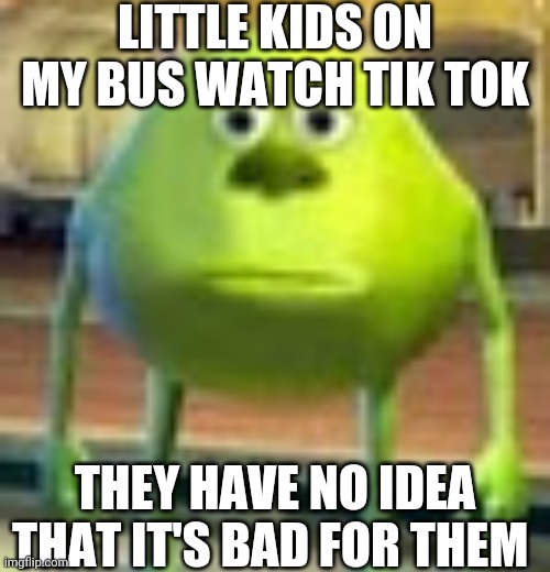 We Need To Educate Kids That Tik Tok Is Very, Very, Very Bad For Them | LITTLE KIDS ON MY BUS WATCH TIK TOK; THEY HAVE NO IDEA THAT IT'S BAD FOR THEM | image tagged in sully wazowski | made w/ Imgflip meme maker