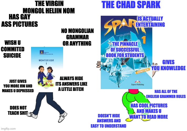 just some books i  used in our primary education | THE VIRGIN MONGOL HELIIN NOM; THE CHAD SPARK; HAS GAY ASS PICTURES; IS ACTUALLY ENTERTAINING; NO MONGOLIAN GRAMMAR OR ANYTHING; THE PINNACLE OF SUCCESSFUL BOOK FOR STUDENTS; WISH U COMMITED SUICIDE; GIVES YOU KNOWLEDGE; ALWAYS HIDE ITS ANSWERS LIKE A LITTLE BITCH; JUST GIVES YOU MORE HW AND MAKES U DEPRESSED; HAS ALL OF THE ENGLISH GRAMMER RULES; HAS COOL PICTURES AND MAKES U WANT TO READ MORE; DOES NOT TEACH SHIT; DOESN'T HIDE ANSWERS AND EASY TO UNDERSTAND | image tagged in chad vs virgin | made w/ Imgflip meme maker