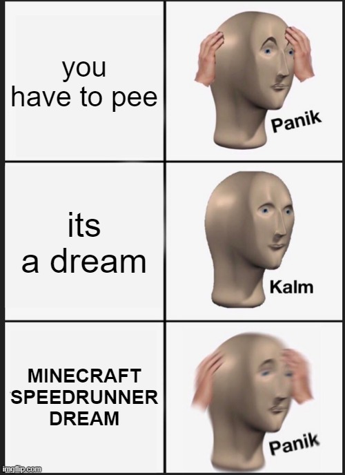 Panik Kalm Panik | you have to pee; its a dream; MINECRAFT SPEEDRUNNER DREAM | image tagged in memes,panik kalm panik | made w/ Imgflip meme maker